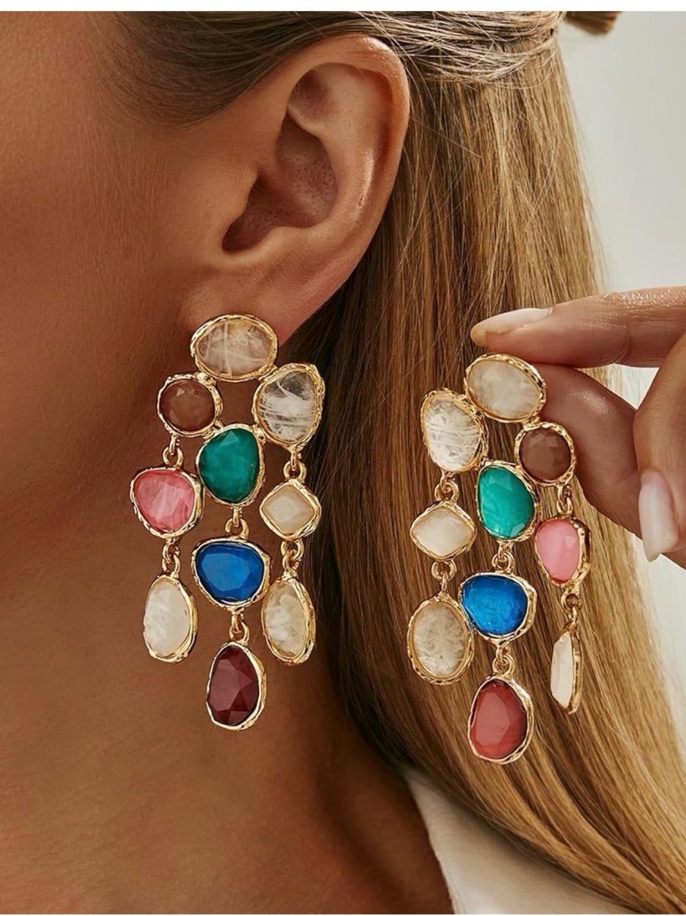 Multicolor Gemstone Drop Earrings - Gold Tone - Picture 8 of 8